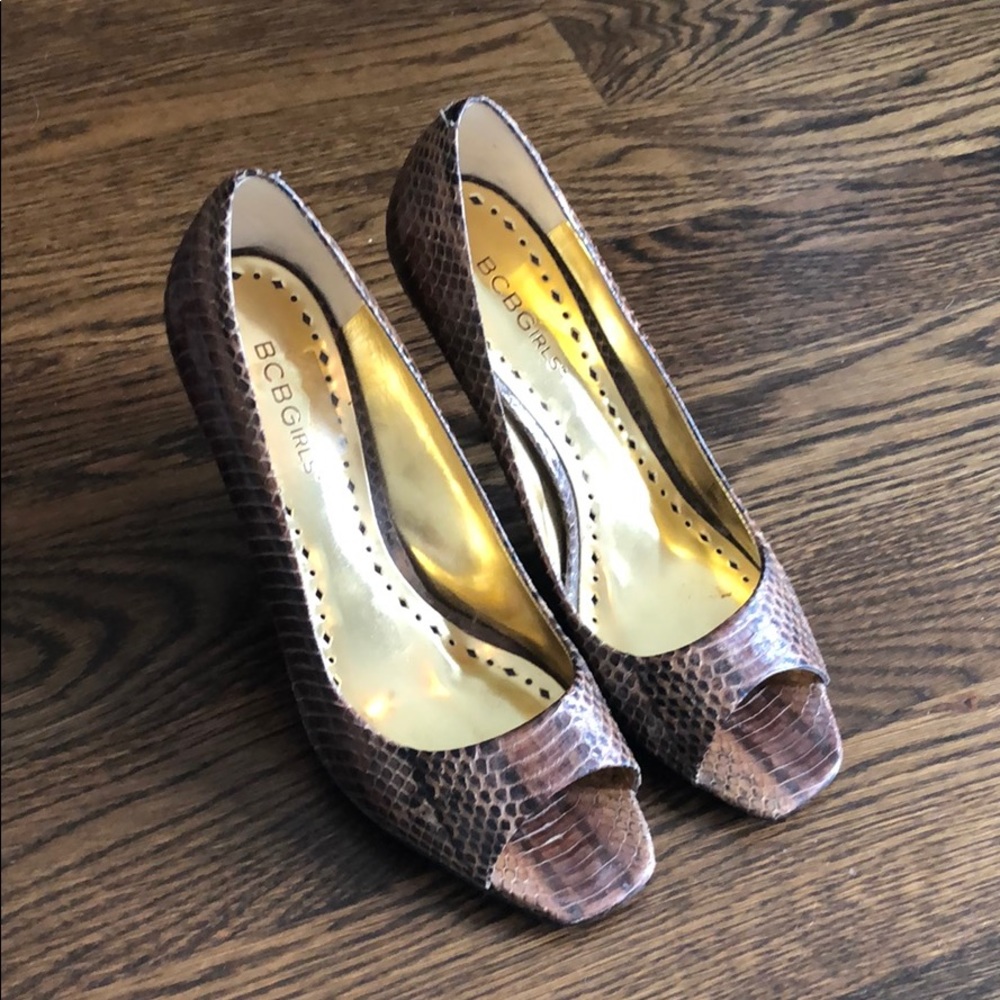 BCBG snakeskin open toe heels